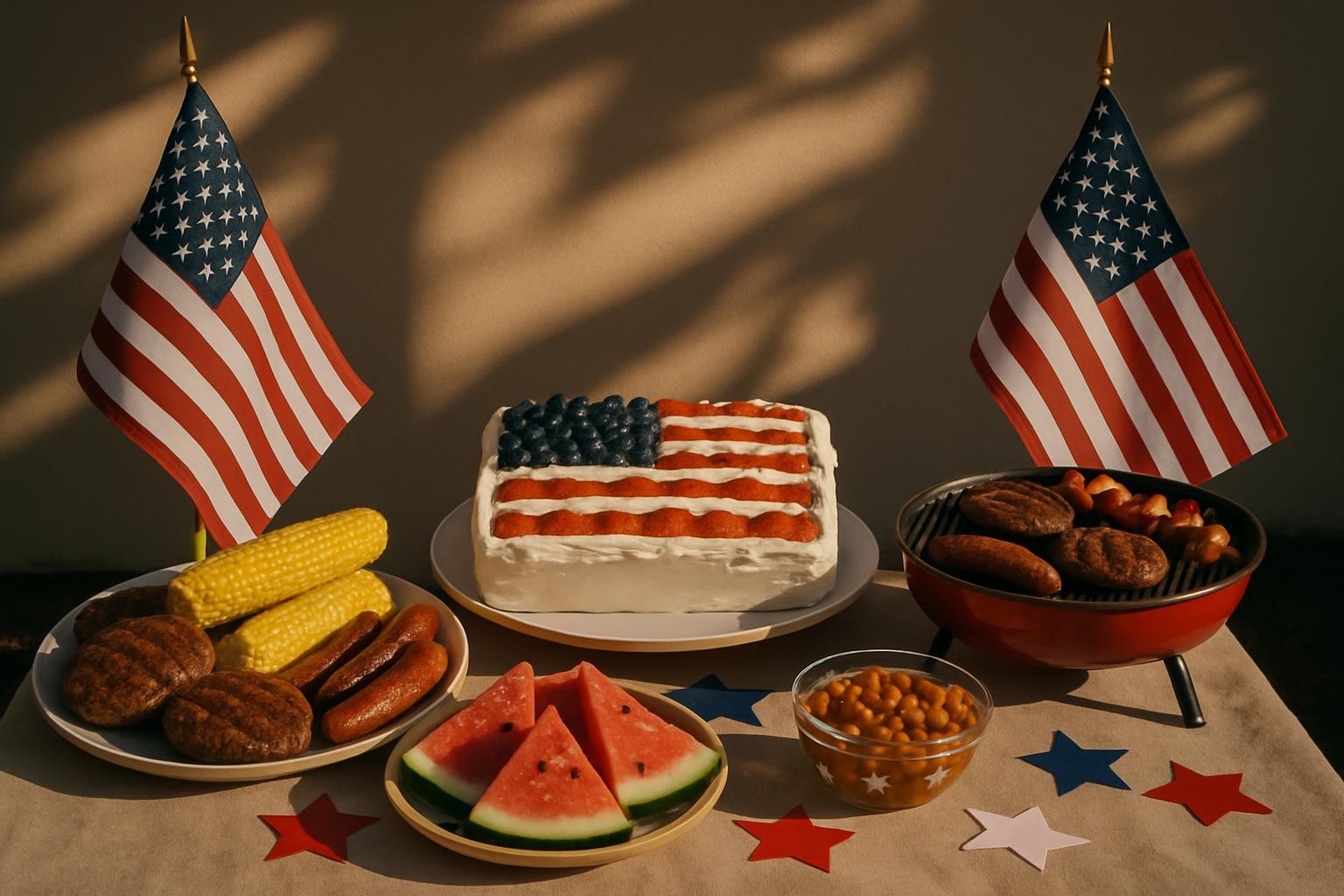 4th of July BBQ featuring a flag cake, barbecue food, corn, watermelon, and patriotic decorations