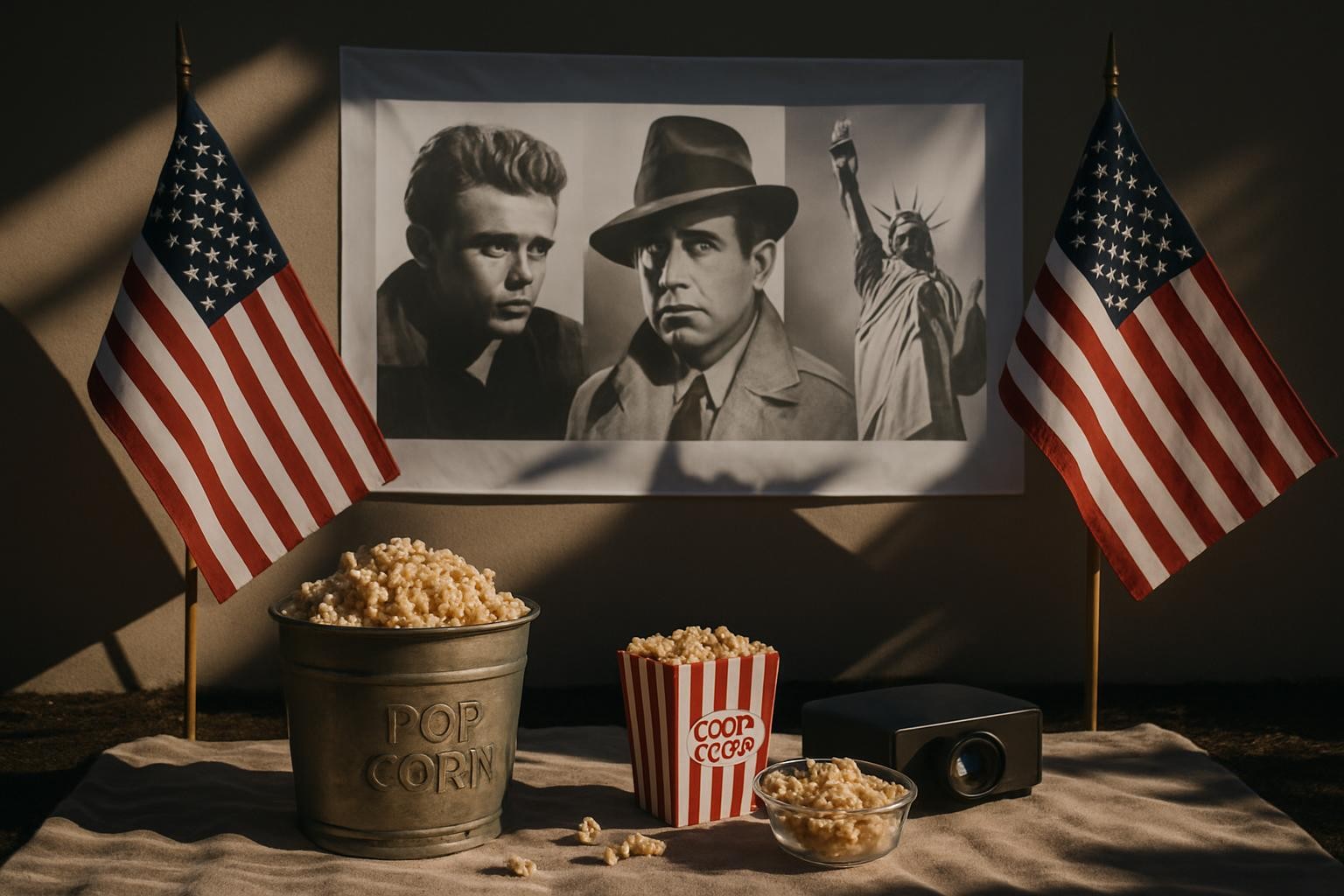 4th of July patriotic movie theme, with American flags, outdoor movie setup, popcorn, and classic films visuals