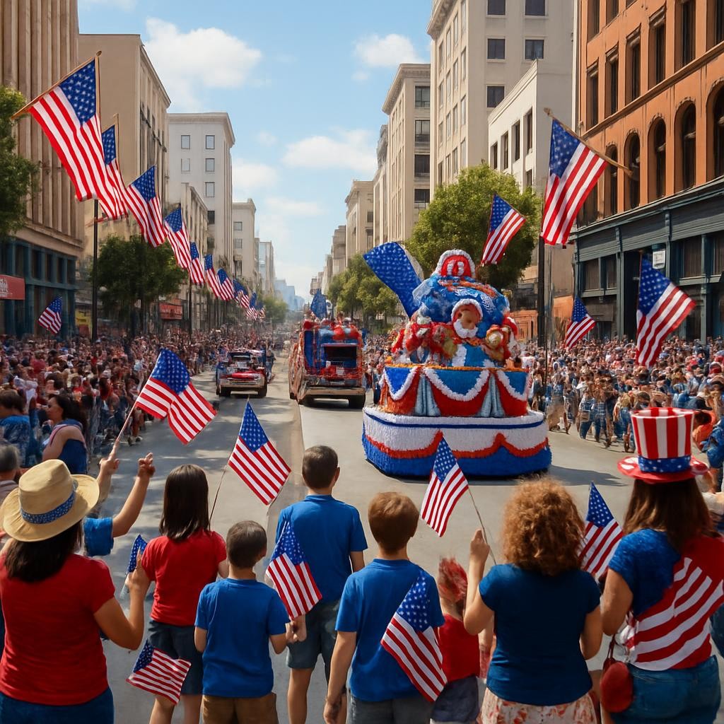 hometown 4th of July Parade in San Francisco, CA, festive crowd, American flags, parade floats, daytime, city streets, celebratory atmosphere